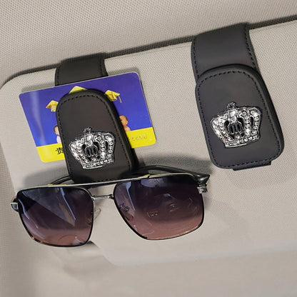 Luxury Faux Leather Crown Car Sunglasses Holder- Fashionable Sun Visor Clip Organizer With Sparkling Crystal Decor, Multiple Colors, Fits Most Vehicles, Shiny Car Accessory