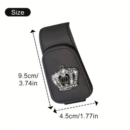 Luxury Faux Leather Crown Car Sunglasses Holder- Fashionable Sun Visor Clip Organizer With Sparkling Crystal Decor, Multiple Colors, Fits Most Vehicles, Shiny Car Accessory