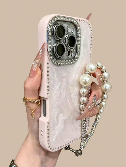 Luxury Laser Glitter Rhinestone Case, Compatible With IPhone 17 Pro Max/16 Pro Max/15/14/13, Pearl Bracelet Design, Shockproof Protection, Hard Case Frame
