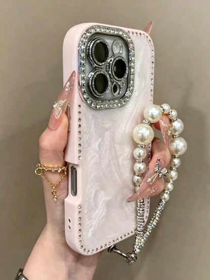 Luxury Laser Glitter Rhinestone Case, Compatible With IPhone 17 Pro Max/16 Pro Max/15/14/13, Pearl Bracelet Design, Shockproof Protection, Hard Case Frame