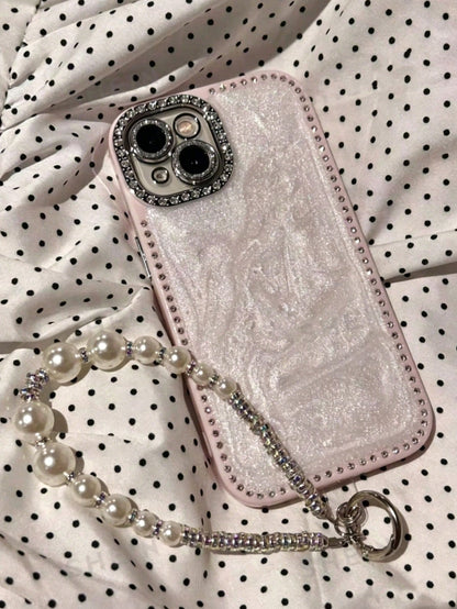 Luxury Laser Glitter Rhinestone Case, Compatible With IPhone 17 Pro Max/16 Pro Max/15/14/13, Pearl Bracelet Design, Shockproof Protection, Hard Case Frame