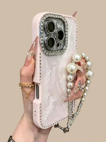 Luxury Laser Glitter Rhinestone Case, Compatible With IPhone 17 Pro Max/16 Pro Max/15/14/13, Pearl Bracelet Design, Shockproof Protection, Hard Case Frame