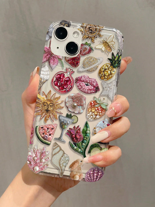 Luxury Sticker TPU Fashion Phone Cases 3D Beaded Collage Style TPU Lip Elements Fashion 1pc Air Bubble Beaded Pomegranate Lips Pattern Full TPU Shockproof Phone Premium Case Compatible With Apple 16 1