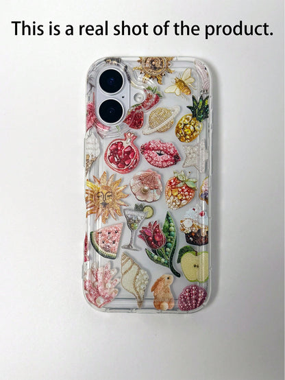 Luxury Sticker TPU Fashion Phone Cases 3D Beaded Collage Style TPU Lip Elements Fashion 1pc Air Bubble Beaded Pomegranate Lips Pattern Full TPU Shockproof Phone Premium Case Compatible With Apple 16 1