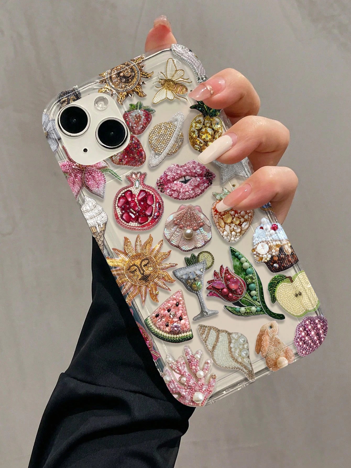 Luxury Sticker TPU Fashion Phone Cases 3D Beaded Collage Style TPU Lip Elements Fashion 1pc Air Bubble Beaded Pomegranate Lips Pattern Full TPU Shockproof Phone Premium Case Compatible With Apple 16 1