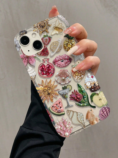 Luxury Sticker TPU Fashion Phone Cases 3D Beaded Collage Style TPU Lip Elements Fashion 1pc Air Bubble Beaded Pomegranate Lips Pattern Full TPU Shockproof Phone Premium Case Compatible With Apple 16 1