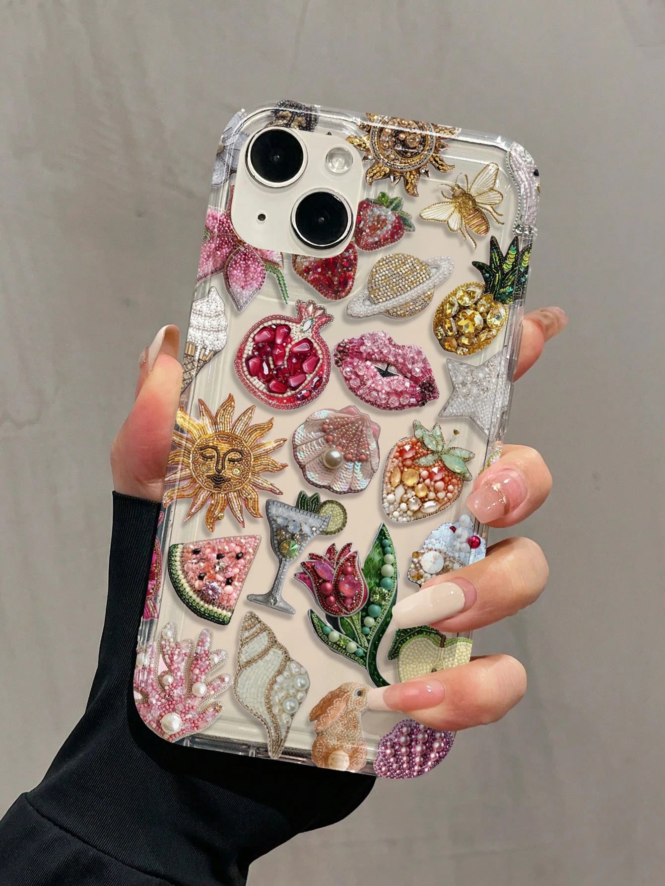 Luxury Sticker TPU Fashion Phone Cases 3D Beaded Collage Style TPU Lip Elements Fashion 1pc Air Bubble Beaded Pomegranate Lips Pattern Full TPU Shockproof Phone Premium Case Compatible With Apple 16 1