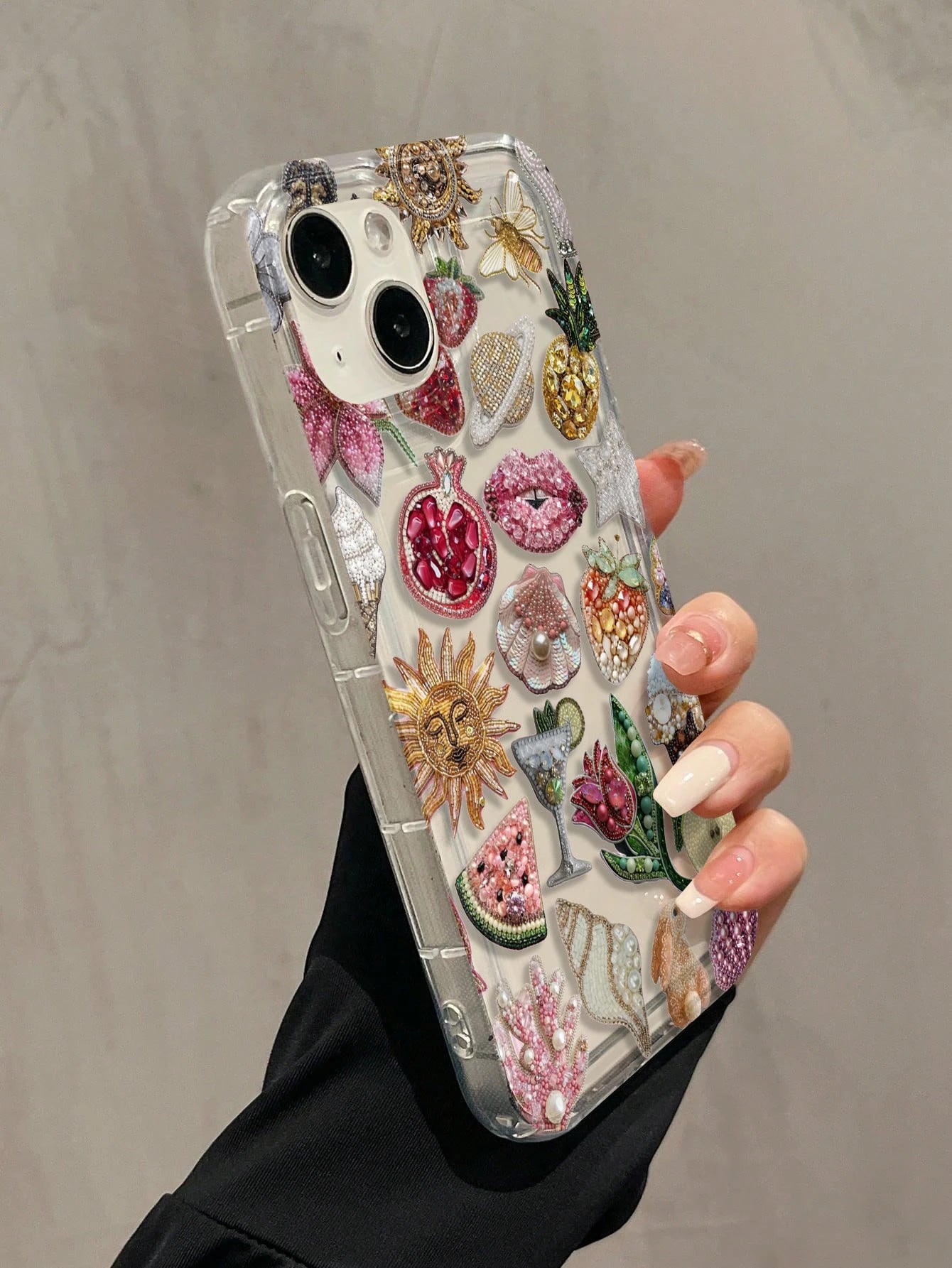 Luxury Sticker TPU Fashion Phone Cases 3D Beaded Collage Style TPU Lip Elements Fashion 1pc Air Bubble Beaded Pomegranate Lips Pattern Full TPU Shockproof Phone Premium Case Compatible With Apple 16 1