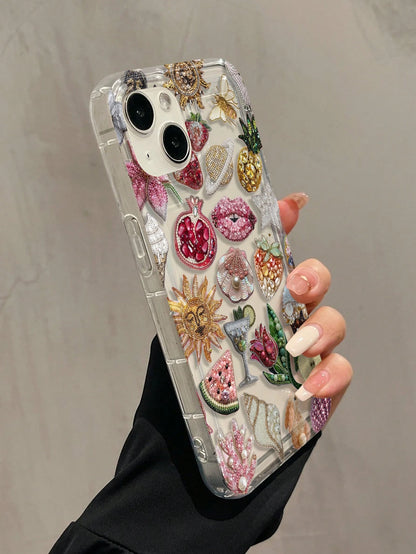 Luxury Sticker TPU Fashion Phone Cases 3D Beaded Collage Style TPU Lip Elements Fashion 1pc Air Bubble Beaded Pomegranate Lips Pattern Full TPU Shockproof Phone Premium Case Compatible With Apple 16 1