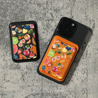 Luxury, Fashionable And Exquisite Colorful Fruit Pattern Imitation PU Leather Magnetic Card Sleeve Compatible With IPhone 16, 15, 14, 13, 12 Pro Max PU Leather Wallet Accessories, Suitable For 1-2 Car