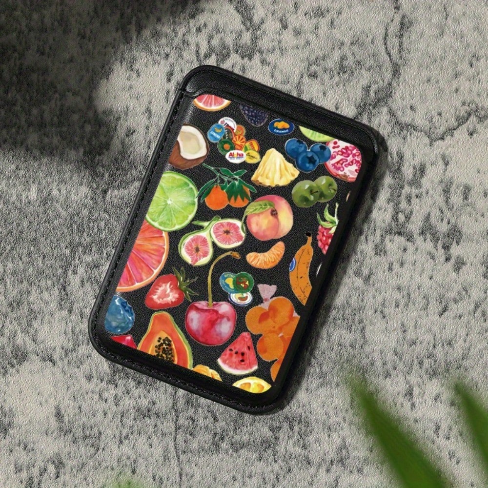 Luxury, Fashionable And Exquisite Colorful Fruit Pattern Imitation PU Leather Magnetic Card Sleeve Compatible With IPhone 16, 15, 14, 13, 12 Pro Max PU Leather Wallet Accessories, Suitable For 1-2 Car