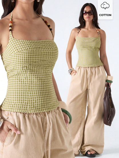 LYSMO 2026 New Arrive Minimalism Spring/Summer Women's Plaid Halter Neck Camisole,Summer Top