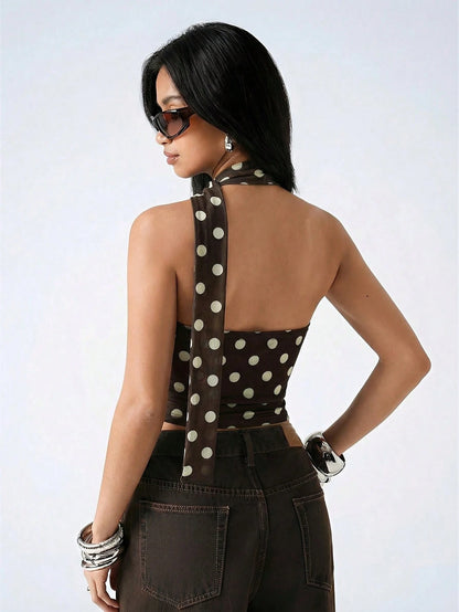 LYSMO 2026 New Minimalist Polka Dot Print Backless Beaded Pleated Fashionable Versatile Casual Camisole For Spring/Summer,Summer Top