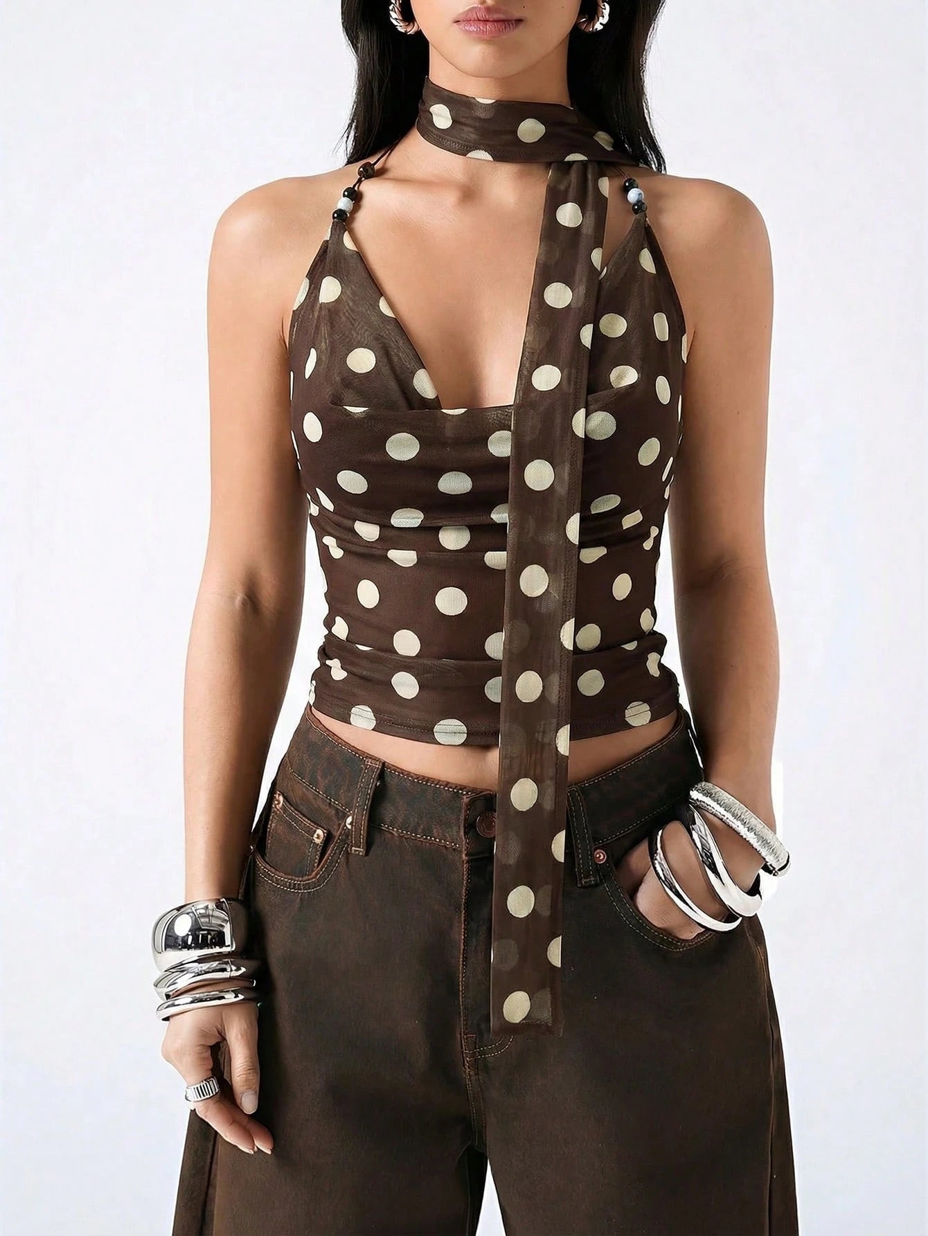 LYSMO 2026 New Minimalist Polka Dot Print Backless Beaded Pleated Fashionable Versatile Casual Camisole For Spring/Summer,Summer Top