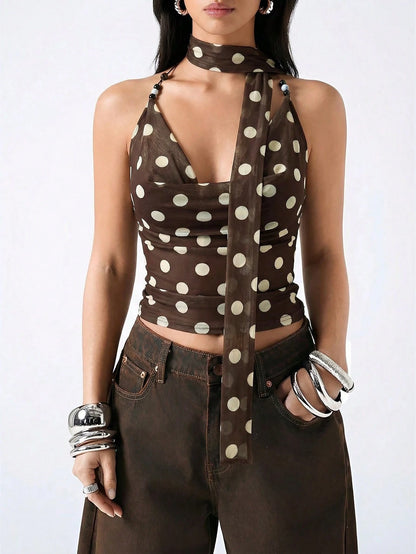 LYSMO 2026 New Minimalist Polka Dot Print Backless Beaded Pleated Fashionable Versatile Casual Camisole For Spring/Summer,Summer Top