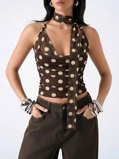 LYSMO 2026 New Minimalist Polka Dot Print Backless Beaded Pleated Fashionable Versatile Casual Camisole For Spring/Summer,Summer Top