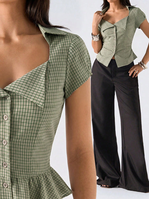 LYSMO 2026 New Minimalist Spring/Summer Women's Fashion Plaid Belted Shirt, Summer Blouse,Summer Top