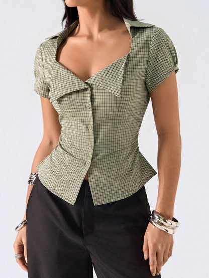 LYSMO 2026 New Minimalist Spring/Summer Women's Fashion Plaid Belted Shirt, Summer Blouse,Summer Top
