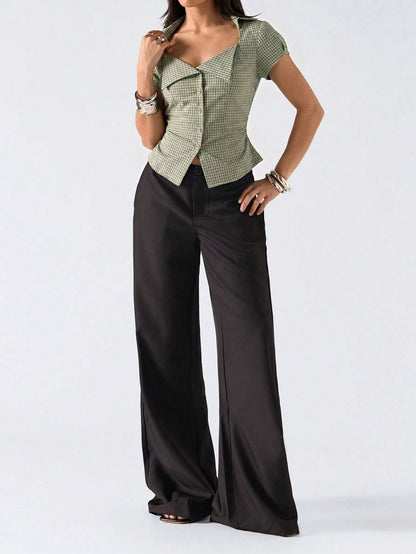 LYSMO 2026 New Minimalist Spring/Summer Women's Fashion Plaid Belted Shirt, Summer Blouse,Summer Top