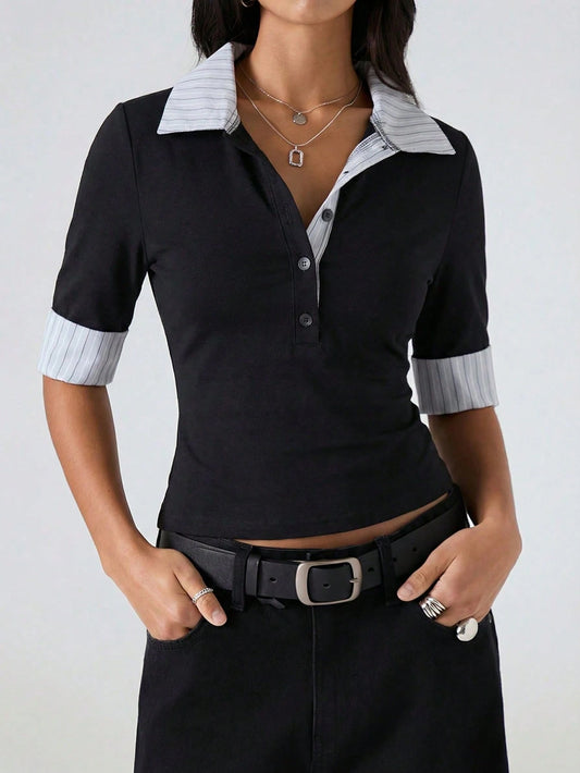 LYSMO Women's Black And White Color-Blocked Raglan Sleeve T-Shirt,Slim Fit Deep V-Neck Half-Open Placket Top,Summer Effortless Chic School Back-To-School