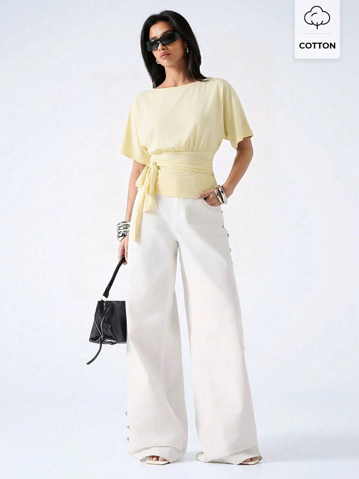 LYSMO Women's Casual Pale Yellow Solid Color Twist Pleated Waist T-Shirt, Suitable For Daily Commute,Summer Top