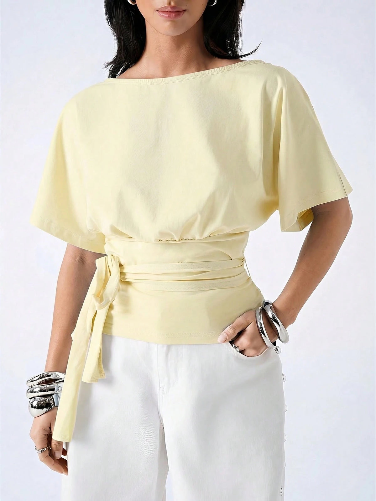 LYSMO Women's Casual Pale Yellow Solid Color Twist Pleated Waist T-Shirt, Suitable For Daily Commute,Summer Top