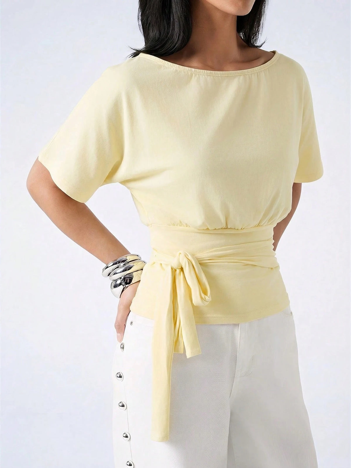 LYSMO Women's Casual Pale Yellow Solid Color Twist Pleated Waist T-Shirt, Suitable For Daily Commute,Summer Top