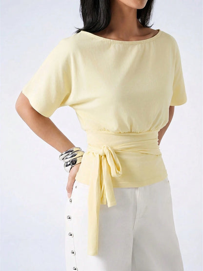 LYSMO Women's Casual Pale Yellow Solid Color Twist Pleated Waist T-Shirt, Suitable For Daily Commute,Summer Top