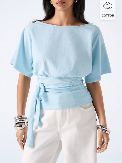 LYSMO Women's Casual Pale Yellow Solid Color Twist Pleated Waist T-Shirt, Suitable For Daily Commute,Summer Top