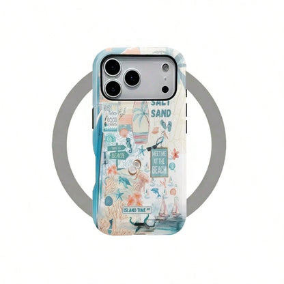 Magnetic Case Beach Vacation Art Pattem,Adurable 2-In1 Protective Case.For IPhone 17Pro/16/15/14/13/12/11 Pro Max/Plus/Pro, Simple And Stylish Phone Case,Magnetic Wireless Charging Compatible Phone Ca
