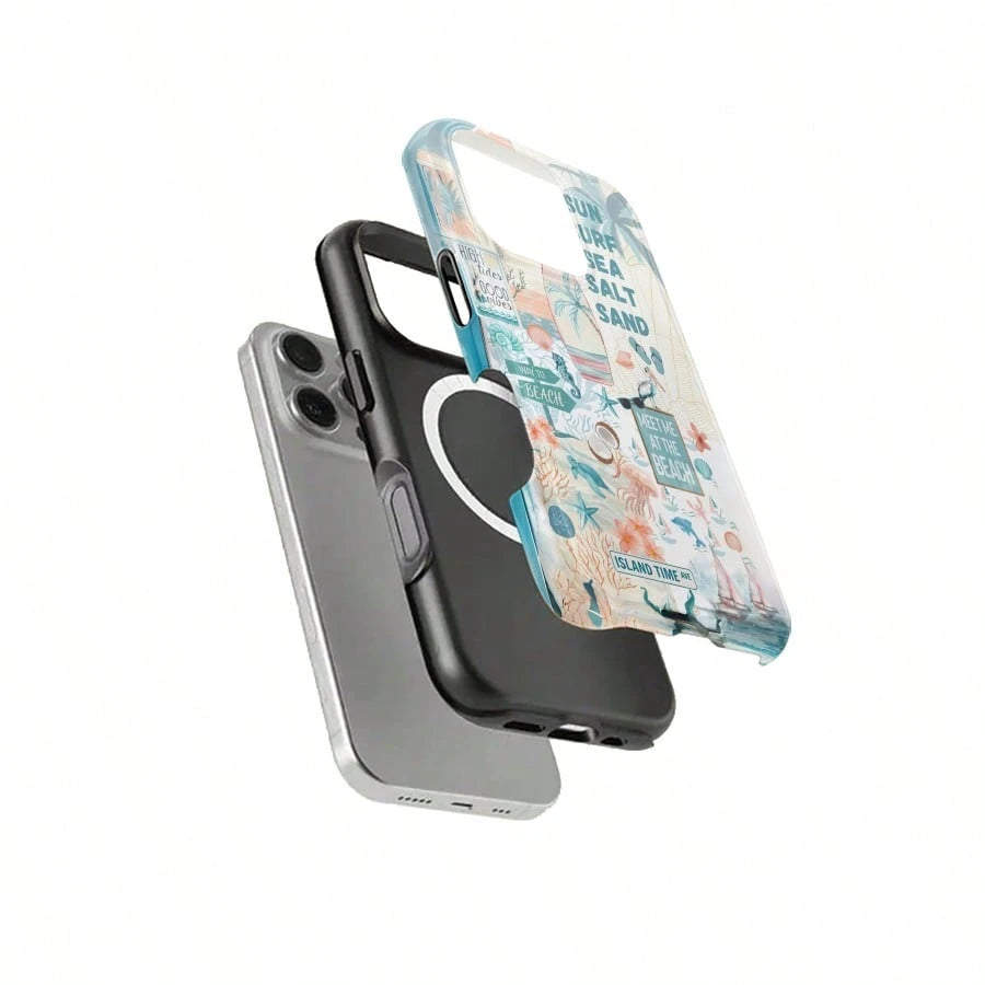 Magnetic Case Beach Vacation Art Pattem,Adurable 2-In1 Protective Case.For IPhone 17Pro/16/15/14/13/12/11 Pro Max/Plus/Pro, Simple And Stylish Phone Case,Magnetic Wireless Charging Compatible Phone Ca