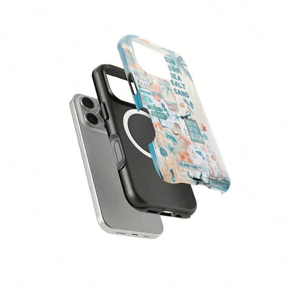 Magnetic Case Beach Vacation Art Pattem,Adurable 2-In1 Protective Case.For IPhone 17Pro/16/15/14/13/12/11 Pro Max/Plus/Pro, Simple And Stylish Phone Case,Magnetic Wireless Charging Compatible Phone Ca
