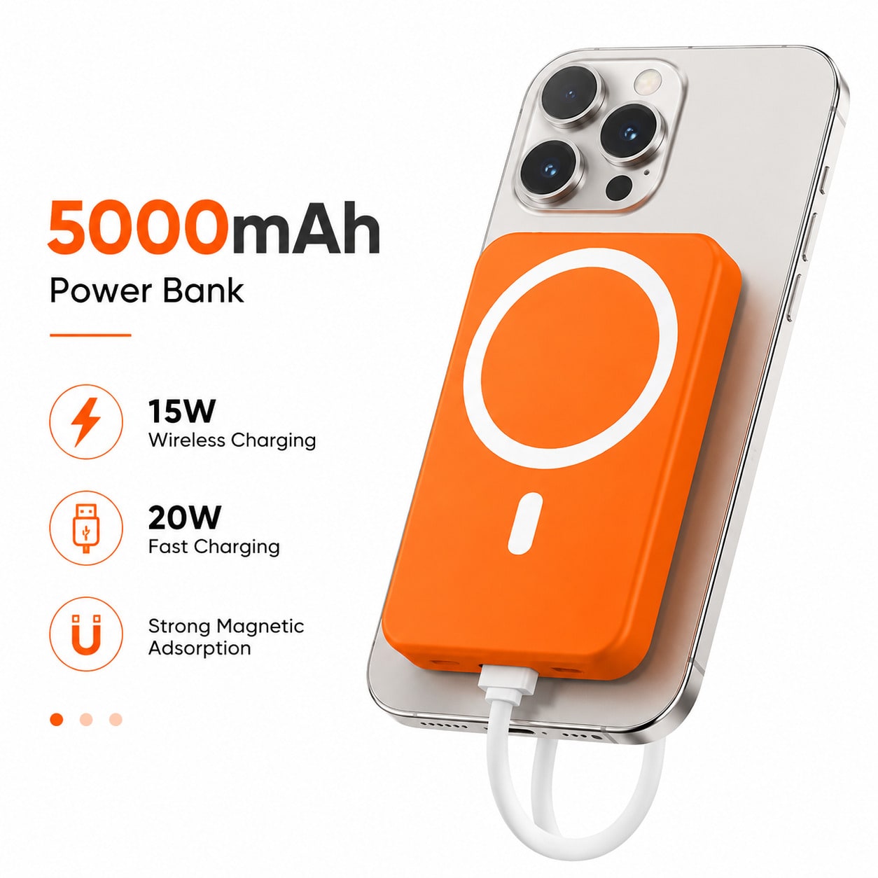 Magnetic Wireless Power Bank 5000mAh Portable Phone Charger Vibrant Orange Designed For IPhone 15 Pro Max 14 Plus 13 12 Mini 15W Instant Wireless Charging With 20W USB C PD Fast Connection Builtin 32