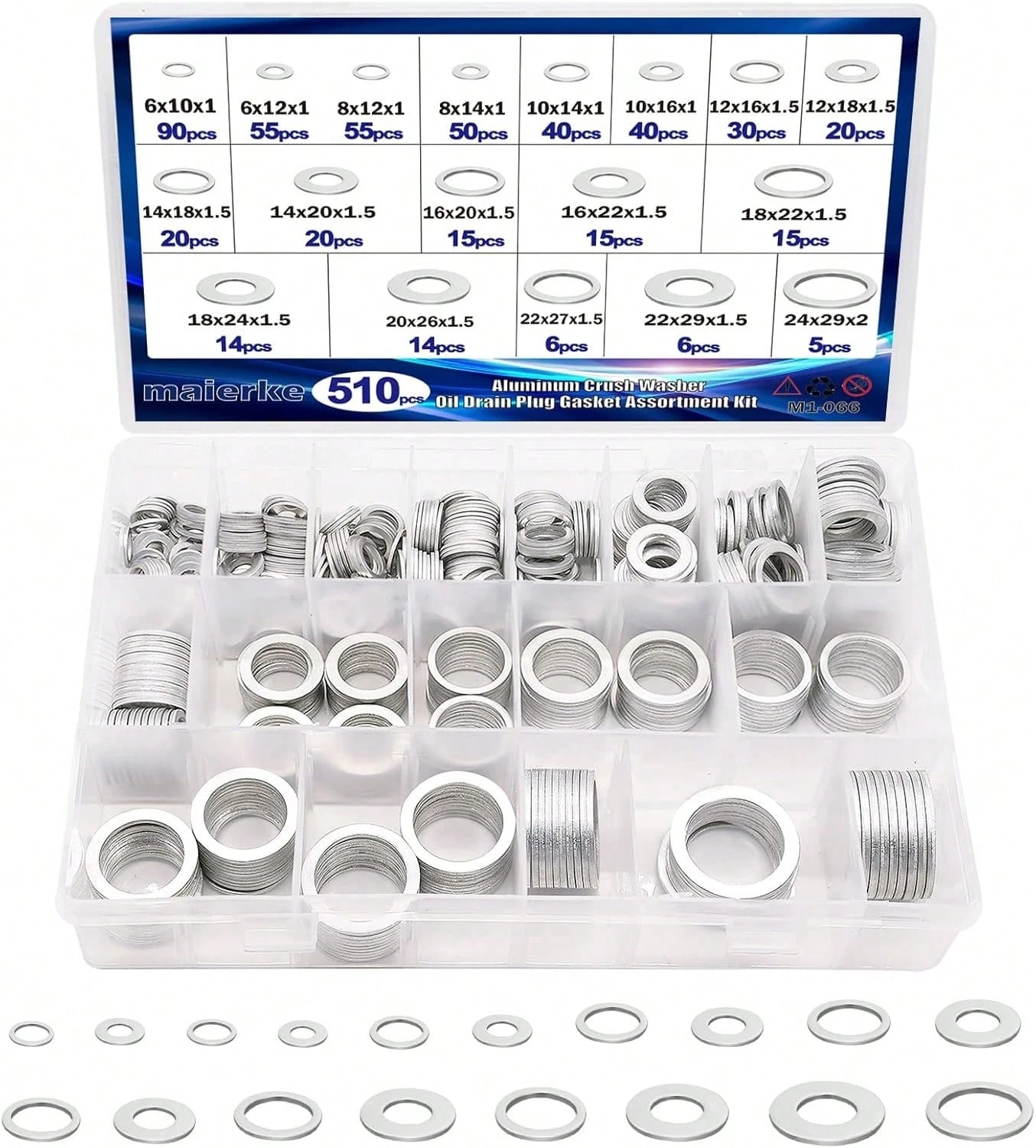 Maierke 510PCS Crush Washer Oil Drain Plug,18 Sizes Aluminum Oil Drain Plug Gasket Assortment,Automotive Engine Crush Washers (M6 M8 M10 M12 M14 M16 M18 M20 M22 M24)