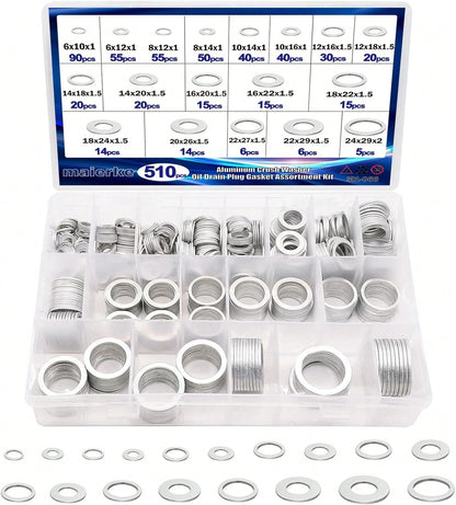 Maierke 510PCS Crush Washer Oil Drain Plug,18 Sizes Aluminum Oil Drain Plug Gasket Assortment,Automotive Engine Crush Washers (M6 M8 M10 M12 M14 M16 M18 M20 M22 M24)