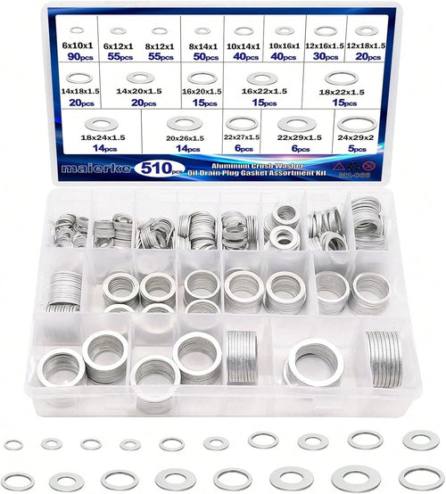 Maierke 510PCS Crush Washer Oil Drain Plug,18 Sizes Aluminum Oil Drain Plug Gasket Assortment,Automotive Engine Crush Washers (M6 M8 M10 M12 M14 M16 M18 M20 M22 M24)