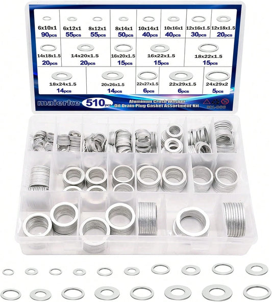 Maierke 510PCS Crush Washer Oil Drain Plug,18 Sizes Aluminum Oil Drain Plug Gasket Assortment,Automotive Engine Crush Washers (M6 M8 M10 M12 M14 M16 M18 M20 M22 M24)