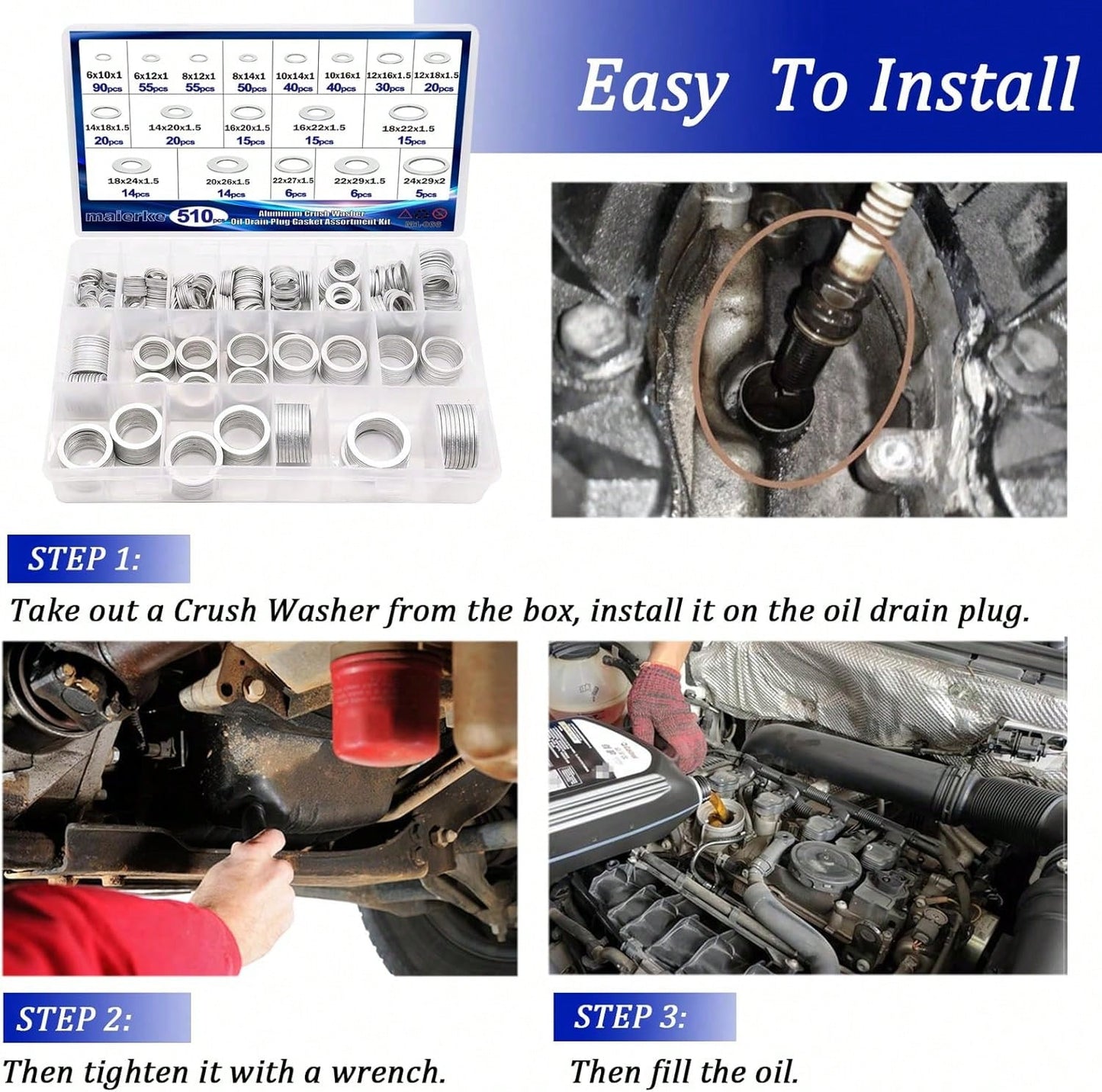 Maierke 510PCS Crush Washer Oil Drain Plug,18 Sizes Aluminum Oil Drain Plug Gasket Assortment,Automotive Engine Crush Washers (M6 M8 M10 M12 M14 M16 M18 M20 M22 M24)