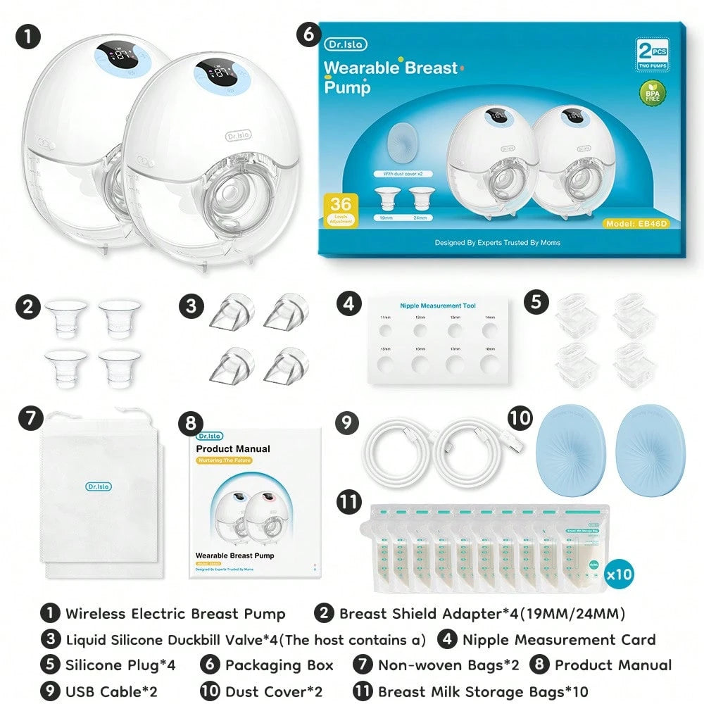 MAMIJOY 2pcs 210ml Wearable Electric Breast Pump, 4 Modes, Variable Frequency, 36 Settings Per Mode, Low Noise Anti-Leakage Design, Comes With 10pcs Milk Storage Bags