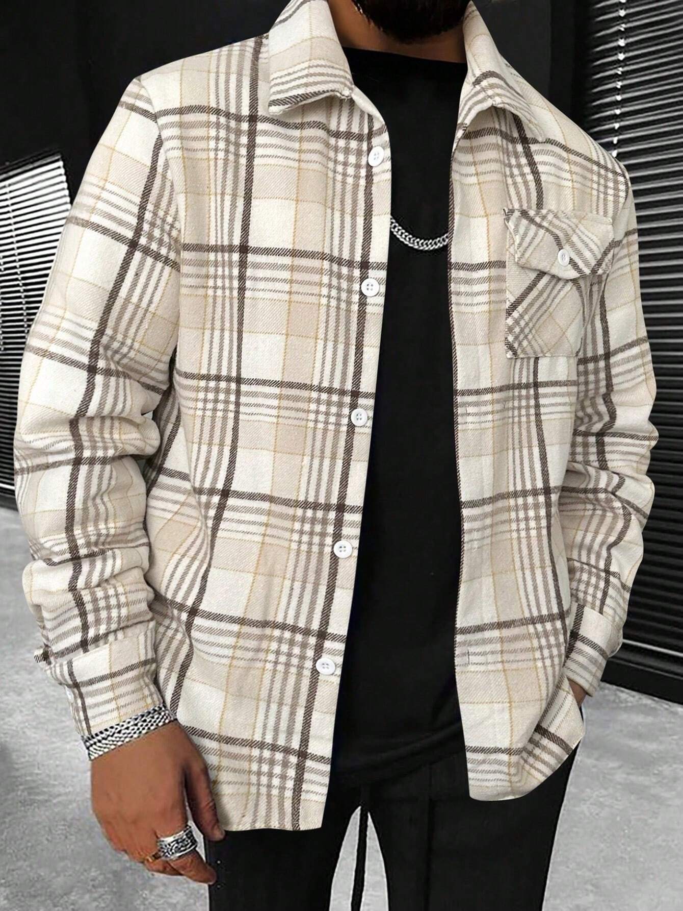 Manfinity Homme Men's Long Sleeve Spring Autumn Casual Plaid Fashion Urban Shacket