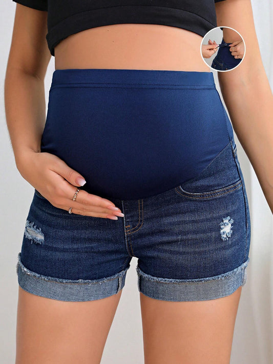 Maternity Adjustable Waist Ripped Roll Up Hem Denim Shorts
