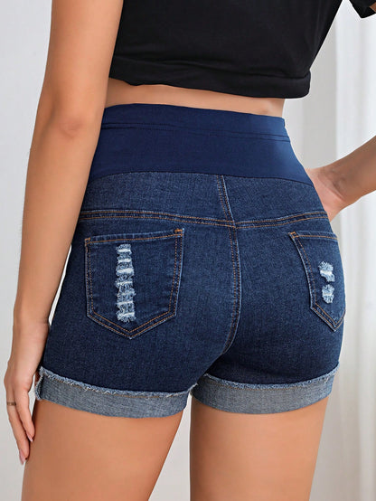 Maternity Adjustable Waist Ripped Roll Up Hem Denim Shorts