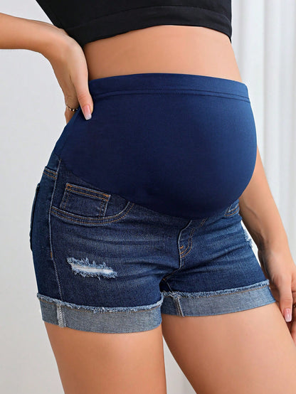 Maternity Adjustable Waist Ripped Roll Up Hem Denim Shorts