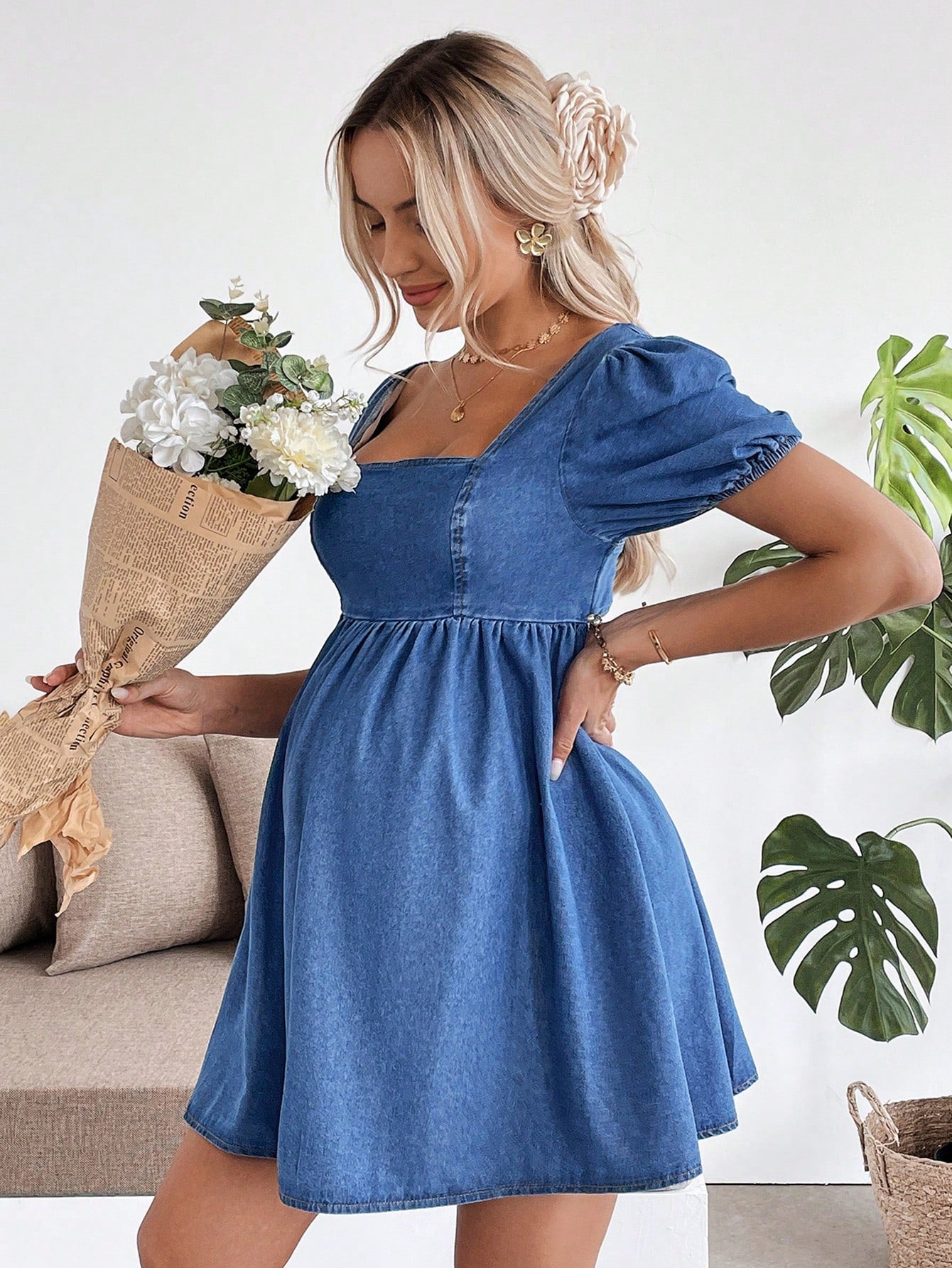 Maternity Baby Blue Denim Puff Sleeve Casual Mini Dress,Loose Fit Backless Bow Dress For Summer,Baby Shower,Spring,Easter,Beach,Country Concert Outfit