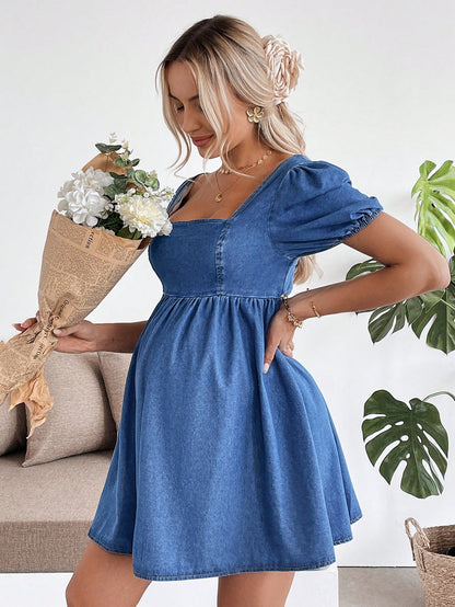 Maternity Baby Blue Denim Puff Sleeve Casual Mini Dress,Loose Fit Backless Bow Dress For Summer,Baby Shower,Spring,Easter,Beach,Country Concert Outfit
