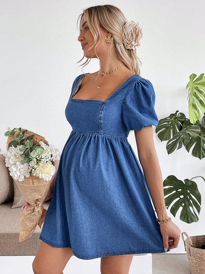 Maternity Baby Blue Denim Puff Sleeve Casual Mini Dress,Loose Fit Backless Bow Dress For Summer,Baby Shower,Spring,Easter,Beach,Country Concert Outfit