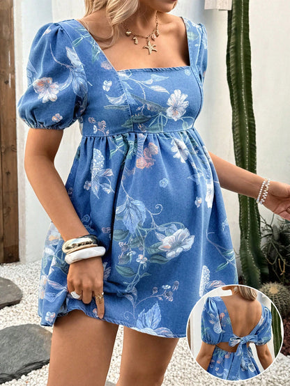 Maternity Baby Blue Denim Puff Sleeve Casual Mini Dress,Loose Fit Backless Bow Dress For Summer,Baby Shower,Spring,Easter,Beach,Country Concert Outfit