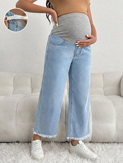 Maternity Casual Loose Blue 3/4 Jeans With Gray Waistband Patchwork