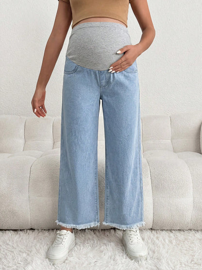 Maternity Casual Loose Blue 3/4 Jeans With Gray Waistband Patchwork