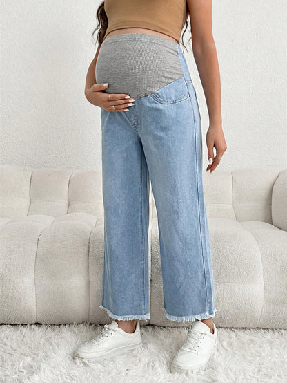 Maternity Casual Loose Blue 3/4 Jeans With Gray Waistband Patchwork